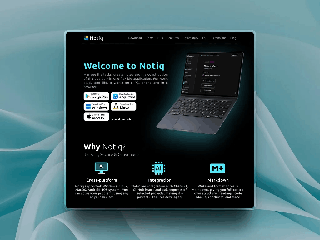 Notiq — Design by Vexor. UI/UX дизайн кросплатформного застосунку для нотаток — Desktop, iOS, Android та Web.
